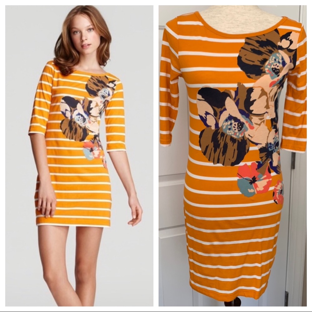 French Connection Orange White Striped 3/4 Sleeve Floral Knit Mini Dress Sz 6